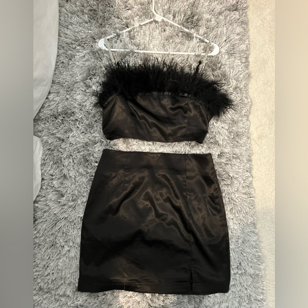 Black Two Piece skirt/Top set from LuLus with a feather trim
